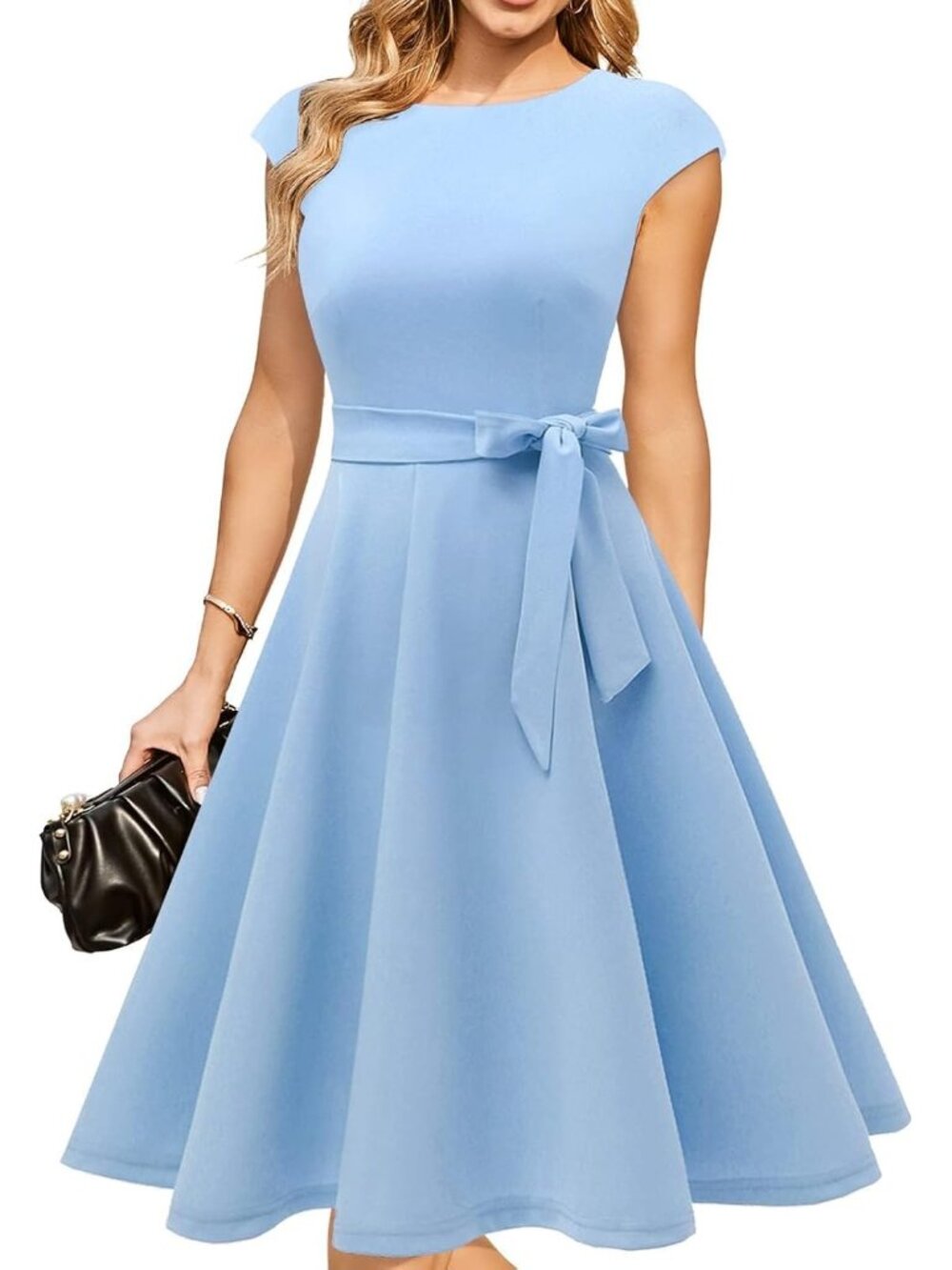 Women's Blue Cocktail A-line Detachable Belt Formal Wedding Guest Party Dresses